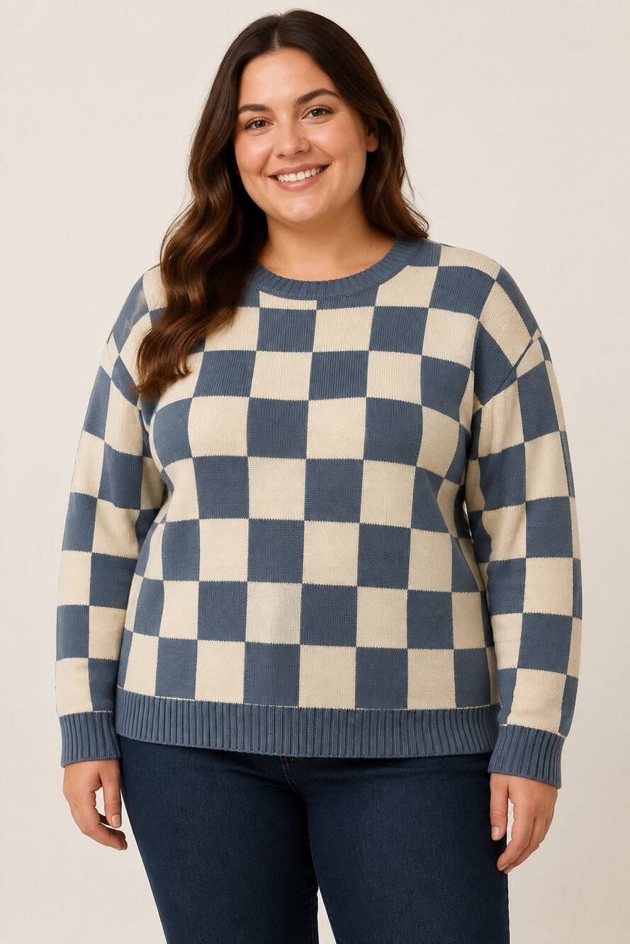 Baltic Born Jayda Checkerboard Sweater Cream Blue Plus Size 2X